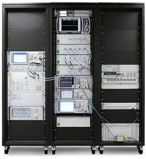 Photo of a rack mounted communication test setup
